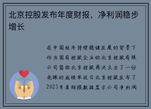 北京控股发布年度财报，净利润稳步增长
